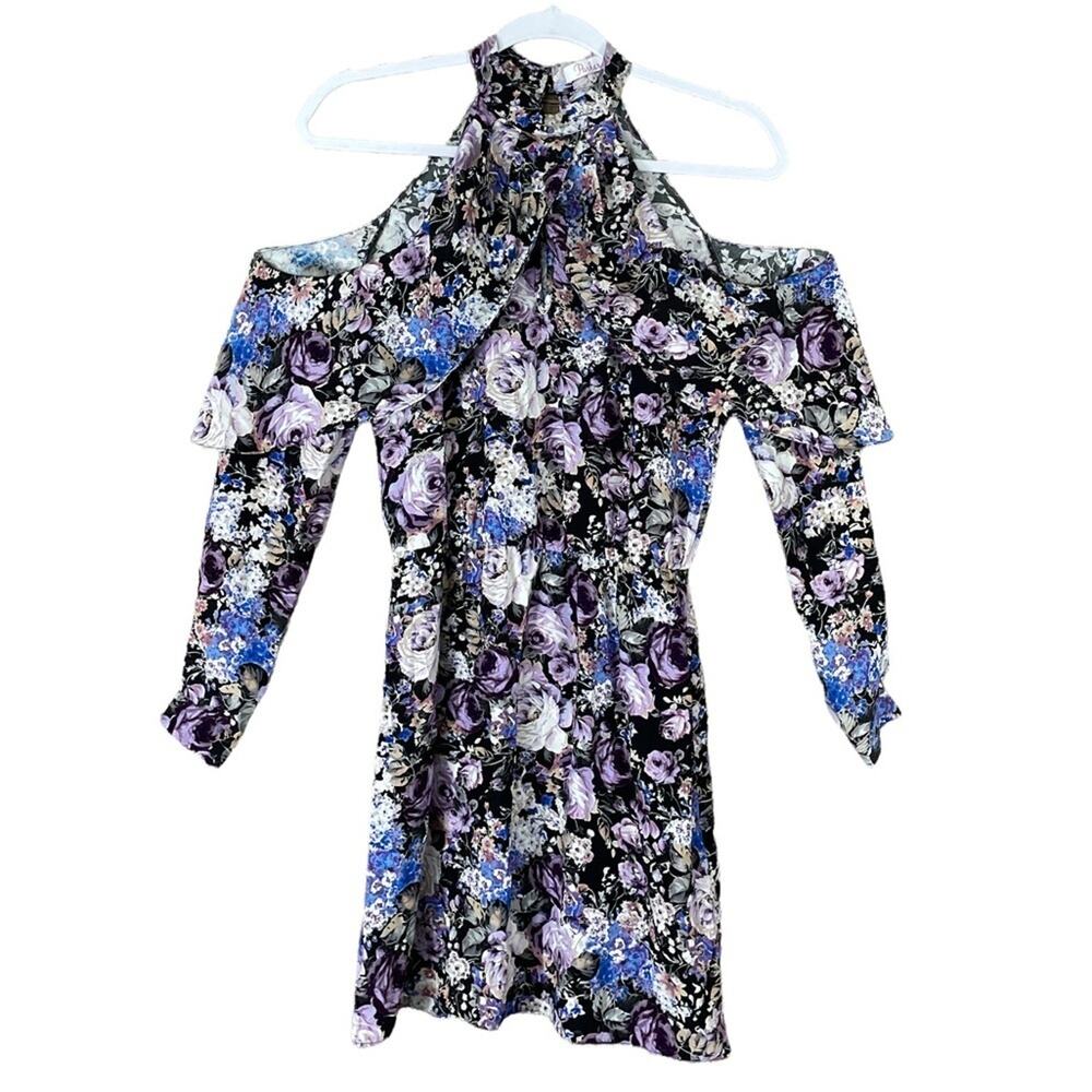 Parker Noemi High Halter Neck Dress 100% Silk Cold Shoulder Floral Size XS